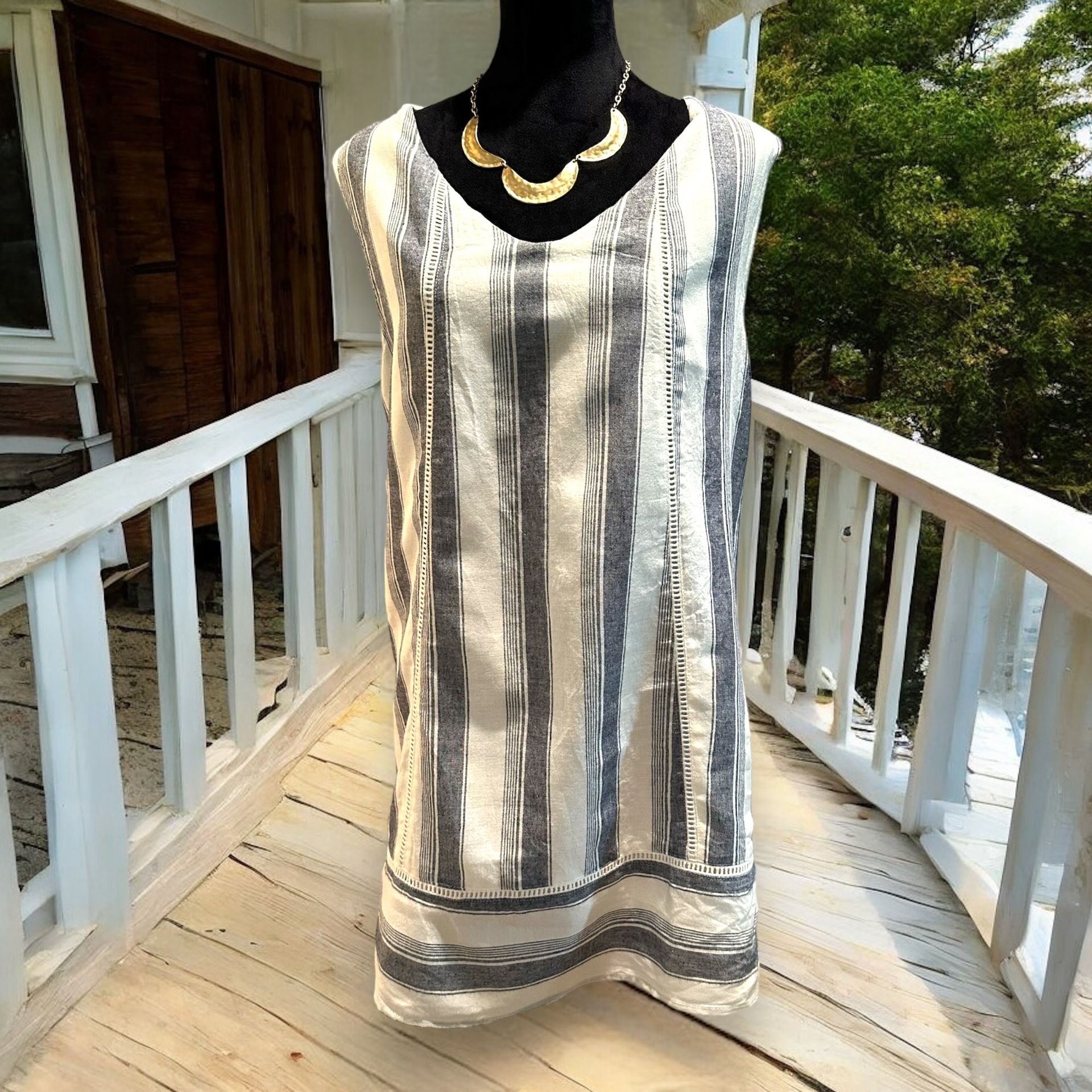 Anthropologie Paper Crane Striped Linen Blend Dress Crochet Accent Shift Large
