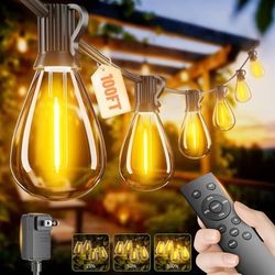 100FT LED Outdoor String Lights with Remote, Dimmable 2700K Warm White