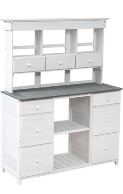 Outdoor Farmhouse Wooden Potting Bench Table, Rustic and Sleek Design, Garden Workstation with Multiple Drawers and Shelves for Storage, White and Gra