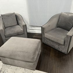 Restoration Hardware RH  DIXON SWIVEL CHAIR dual set Grey Velvet Rotating Swivel 360 Degrees Love Seat Couch Chair With Pillow And Leg Rest 