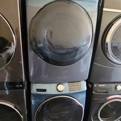 Blue Samsung Front Load Washer And Stackable Gas Dryer Set 