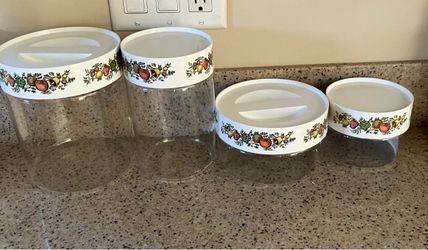 4 Pyrex spice of life glass see n store canister set with lids never used