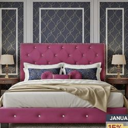 NEW QUEEN AND KING PINK VELVET BED WITH MATTRESS AND FREE DELIVERY