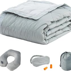 4-in-1 Airplane Essentials Blanket, Inflatable Pillow, Eye Mask, and Earplugs