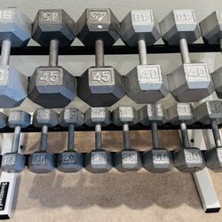 SET OF HEX CAST IRON DUMBBELLS 