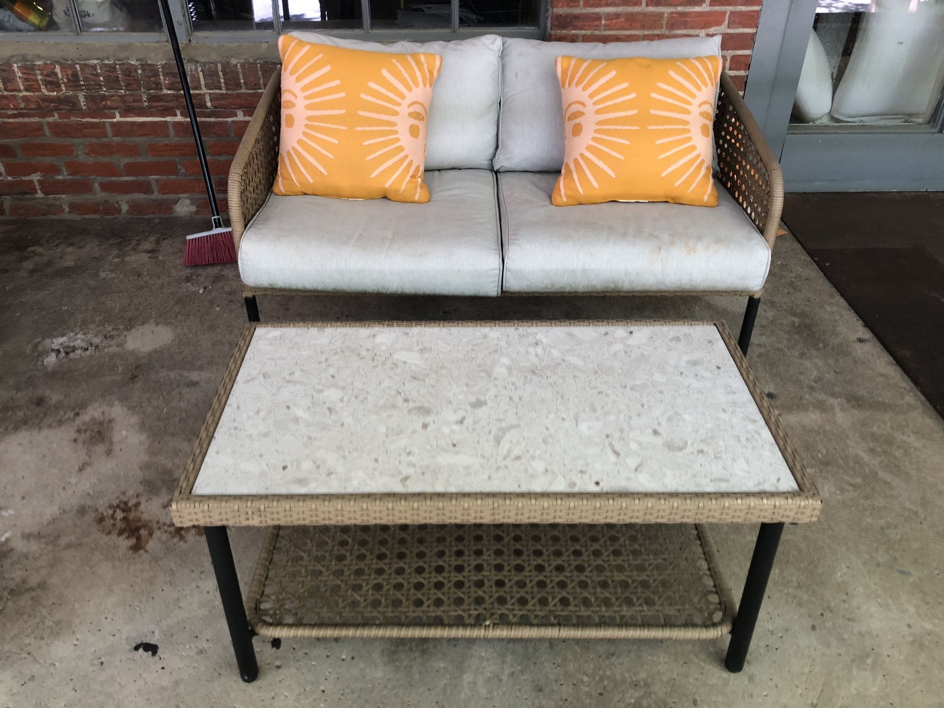 Outdoor Loveseat + Throw Pillows + Coffee Table