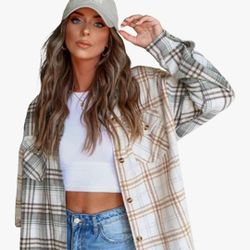 ZAFUL Women's Plaid Long Sleeve Shirt Button Down Thin Jacket Casual Flannel Plaid Shacket with Pocket