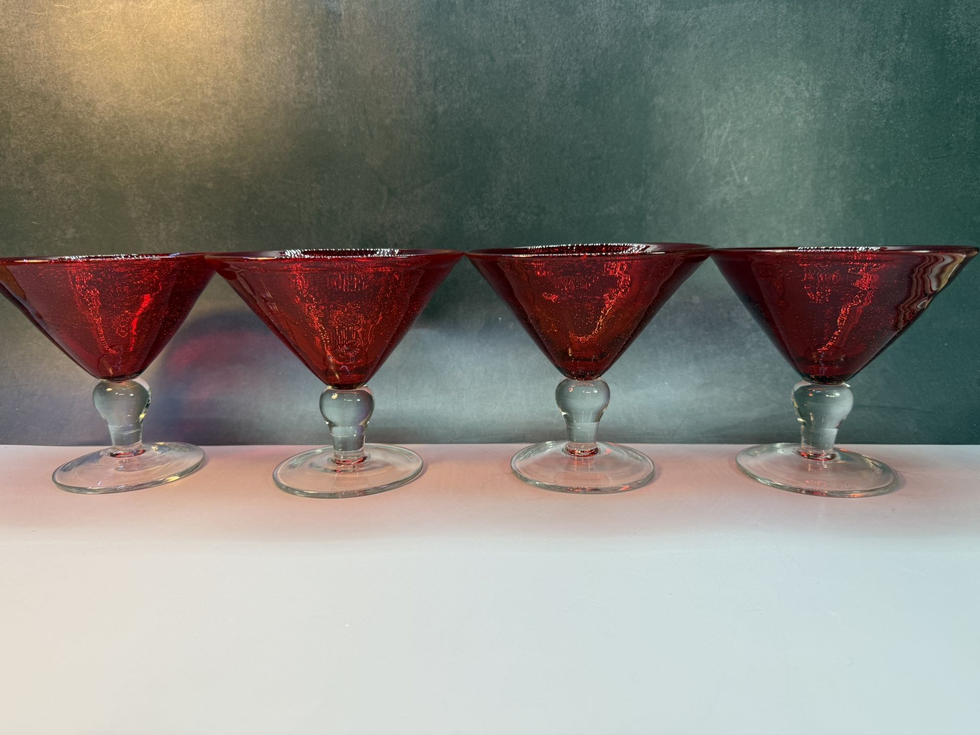 Set of (4) Beautiful Ruby Red Bubble low Martini/Margarita Glasses. Clear Stem. Hand Blown. Thick glass. Oversized Sherbet / Champagne Glasses; Low De