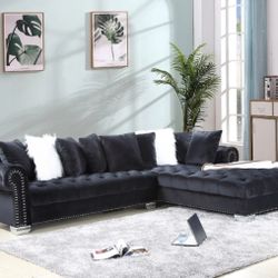 Divine 2PC Black Tufted Velvet Sectional w Pillows