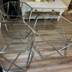 Hexagon Metal & Glass Coffee Table with Matching End Tables – Modern 3-Piece Set