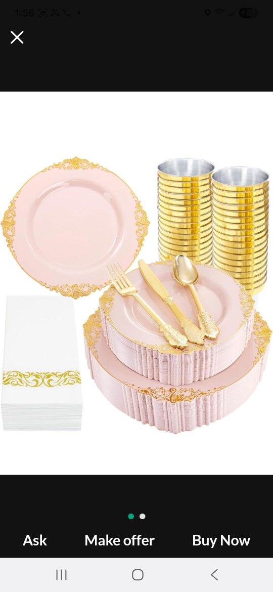 Liacere 350PCS Pink Plates Disposable - Pink and Gold Plates 50guest Baroque Plastic Dinnerware include 100Plates, 50Pack Pre Rolled Napkins with Silv