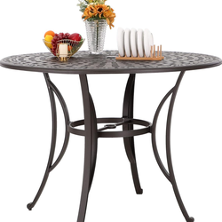 Brand new unopened     Cast Aluminum Round High Bar Dining Tables for 6 Person, 54" Dia Engraved Cast-Top Aluminum Table with 2.1" Umbrella Hole, Pati
