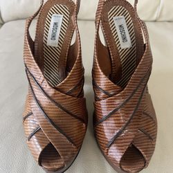 MOSCHINO Women'ts Vtg BROWN LEATHER SLINGBACK PLATFORM HEELS Size 39.5