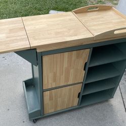 Sage Green Rolling Kitchen Island with Drop Leaf & Removable Tray
