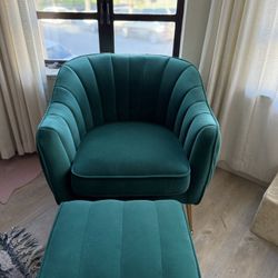 Velvet Green Chair and Stool 