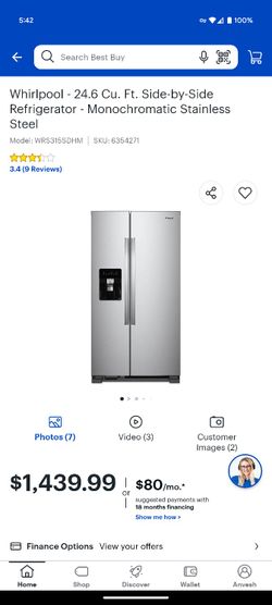 Whirlpool - 24.6 Cu. Ft. Side-by-Side Refrigerator - Monochromatic Stainless Steel (used for 4months)