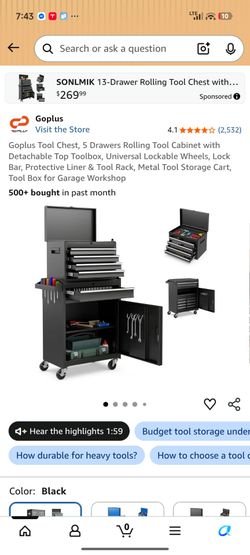 Tool Chest, 5 Drawers Rolling Tool Cabinet with Detachable Top Toolbox, Universal Lockable Wheels, Lock Bar, Protective Liner & Tool Rack, Metal Tool 