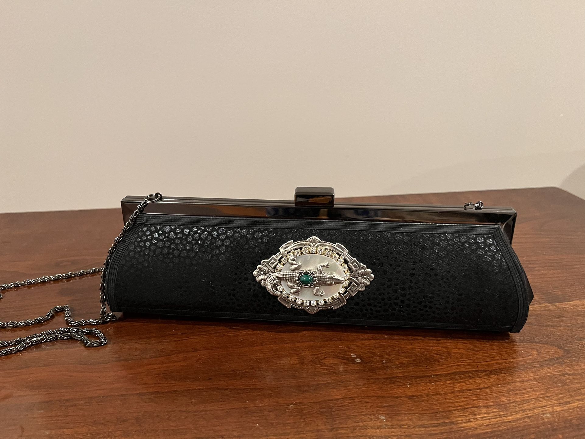Little Birdy New Black Evening Bag With Medallion Jeweled Alligator