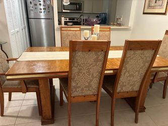 Wood Dining Table with 6 Upholstered Chairs