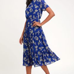 Lulu Floral Dressed Up Royal Blue Floral Print Midi Dress XS