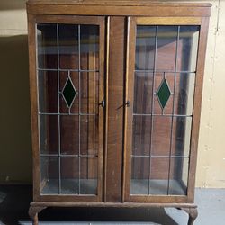 Antique Glass Wooden Cabinet w/ Stained Glass 