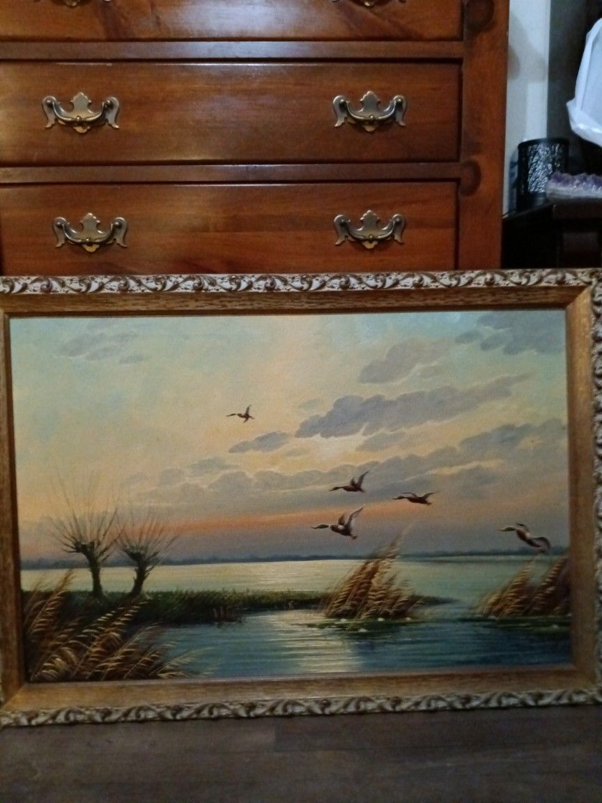 Antique Over The Lake Duck Painting 