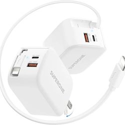 SUPERONE 3-in-1 Retractable iPhone Charger Block with Apple Cable, 58W Fast USB Charger Block with Foldable Plug, 35.4in Retractable Wall Chargers for