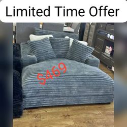 Gray  Jumbo Corduroy Chaise Lounge  With 2 Cup Holders And USB Port 