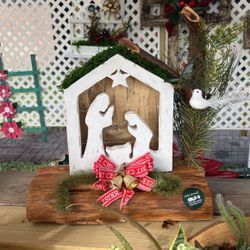 Nativity On Wood Log Handmade 