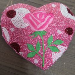 Beaded VTG Coin Purse Pouch Pink Embroidered Rose Zipperl Fancy