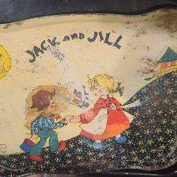 Vintage Jack And Jill Metal Tray, Saucer, and Mini Pitcher 