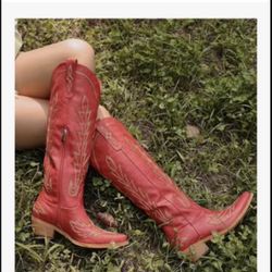 Size 7 Cowboy Boots for Women - Knee High Pointed Toe Chunky Heel Pull On Zipper Western Cowgirl Boots, Retro Country Vintage Fashion Tall Boots