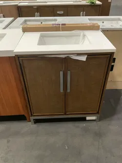 30” Walnut Brown Solid Wood Bathroom Vanity with Quartz Top (V147)