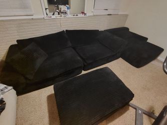 Black Corduroy Sectional Sofa with Ottoman