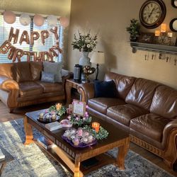 Real Leather! Real Wood! Sofa, Loveseat, Recliner, And Coffee Table