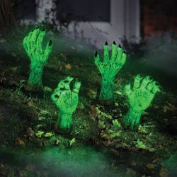 Set of 4 Light-Up Zombie Hand Halloween Lawn Stakes