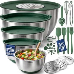Versatile stainless steel mixing bowl set with green silicone bases and lids. This Priority Chef collection includes five bowls with etched interior m