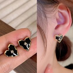 Black Heart Stud Earrings with Gold Trim