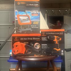 12 V Cordless Drill And LED Work Light And 600 Watts Shop Blower