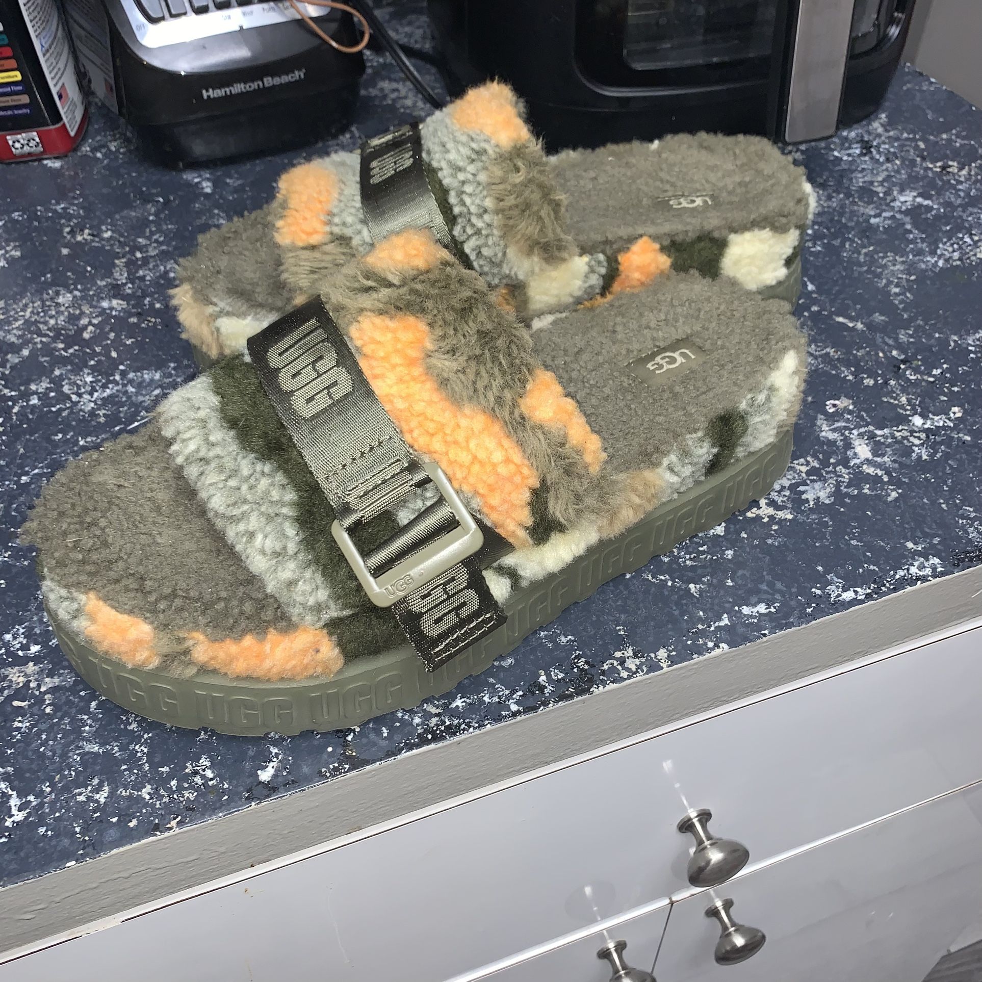 Excellent Condition Ugg Sheepskin Platform Camo Camouflage Slides Shoes Slippers