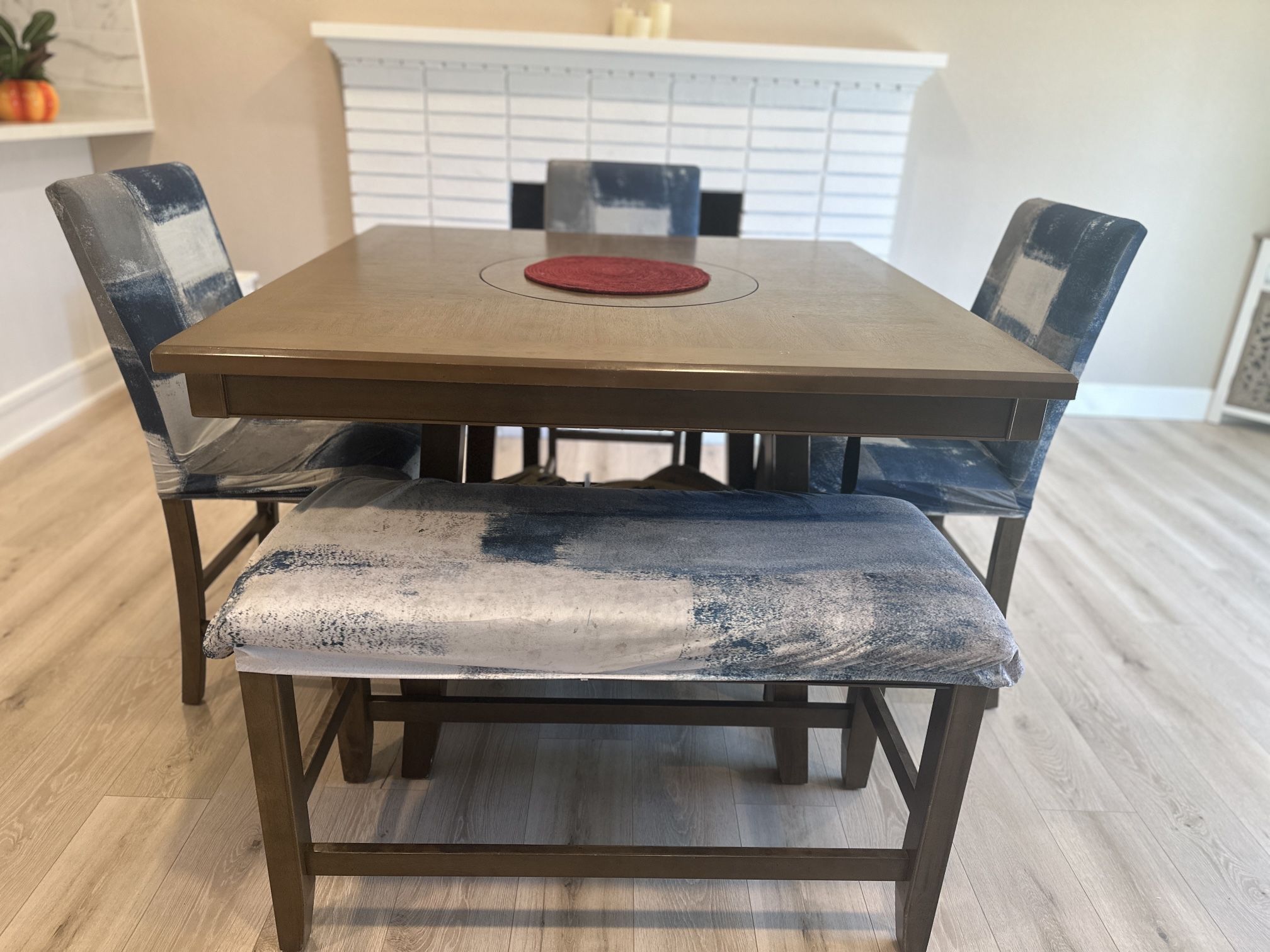 Living Spaces, Hyland Brown Grey Square Wood II 48" Kitchen Counter Height Table With Lazy Susan + Stool Set For 5 | Shelves | Storage