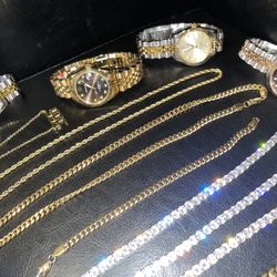 Gold Silver Diamonds Watches Necklace Bracelet 