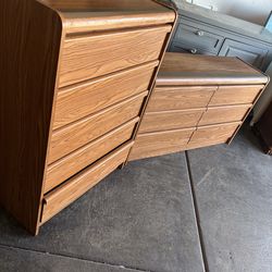 Set of Long Oak Wood Dresser With 6 Drawers & Upright Dresser With 5 Drawers