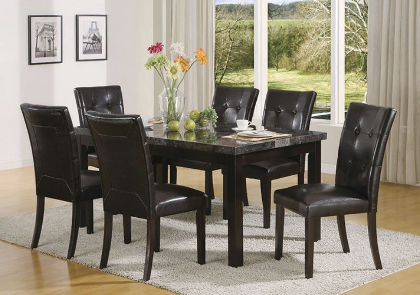 Special‼️‼️ 7PC Black-Gray Top Faux Marble Wooden Dining Table w/ Parson Chair