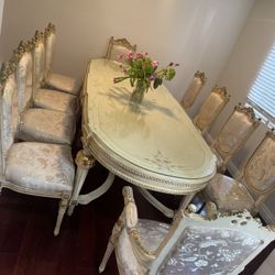 Antique Golden/ Floral Dining Set W 14 Chairs 