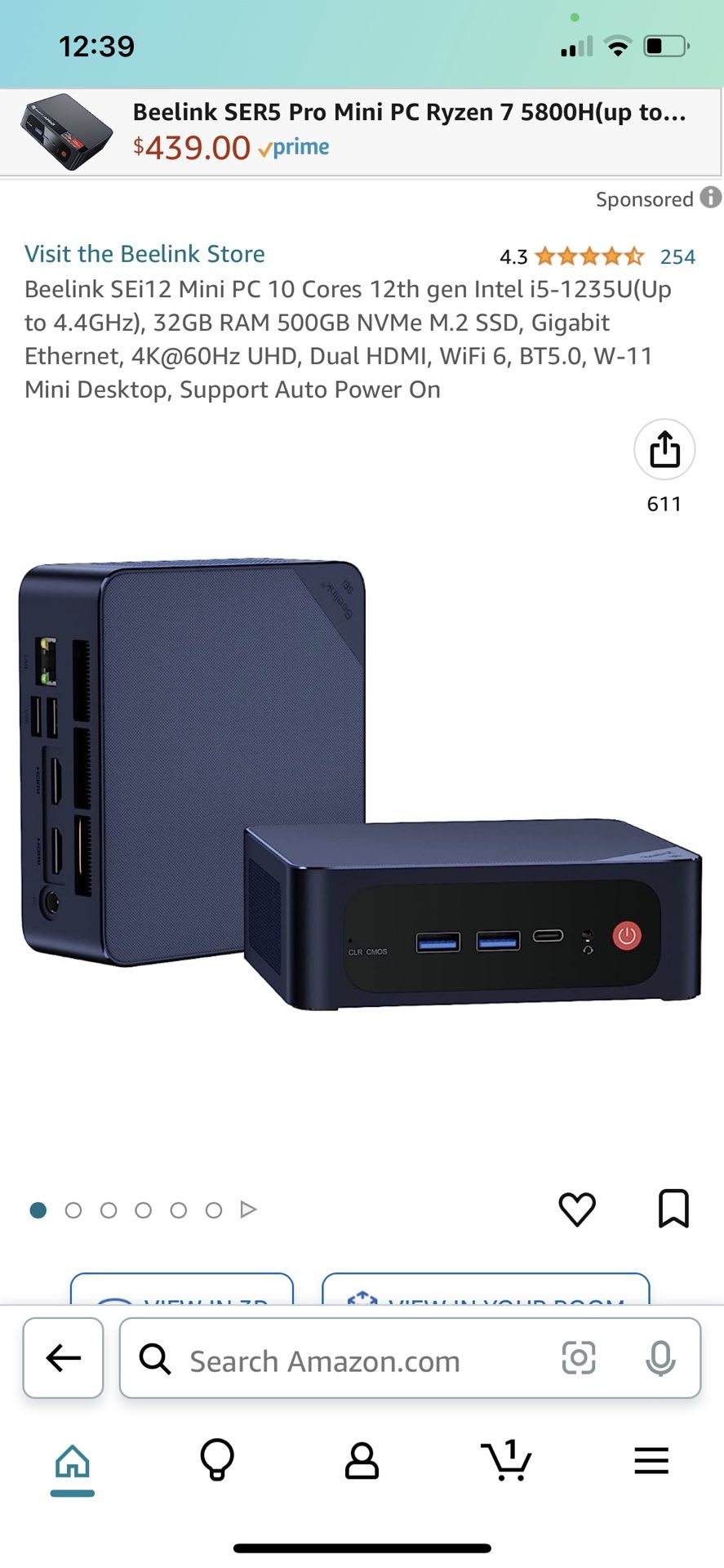 Beelink SEi12 Mini PC 10 Cores 12th gen Intel i5 1235U(Up to 4.4GHz) 32GB RAM 500GB NVMe M.2 SSD Gigabit Ethernet 4K@60Hz UHD Dual HDMI WiFi 6 B