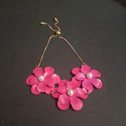 Hand-painted Pink Flowers With Enamel W/Faux White Pearl Center, Adjustable Bracelet W/Slider Goldtone Chain, Bohemian Style 