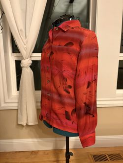 Women’s Size 1 Red With Botanical Pattern Button Up Shirt - 100% Silk - Chico’s