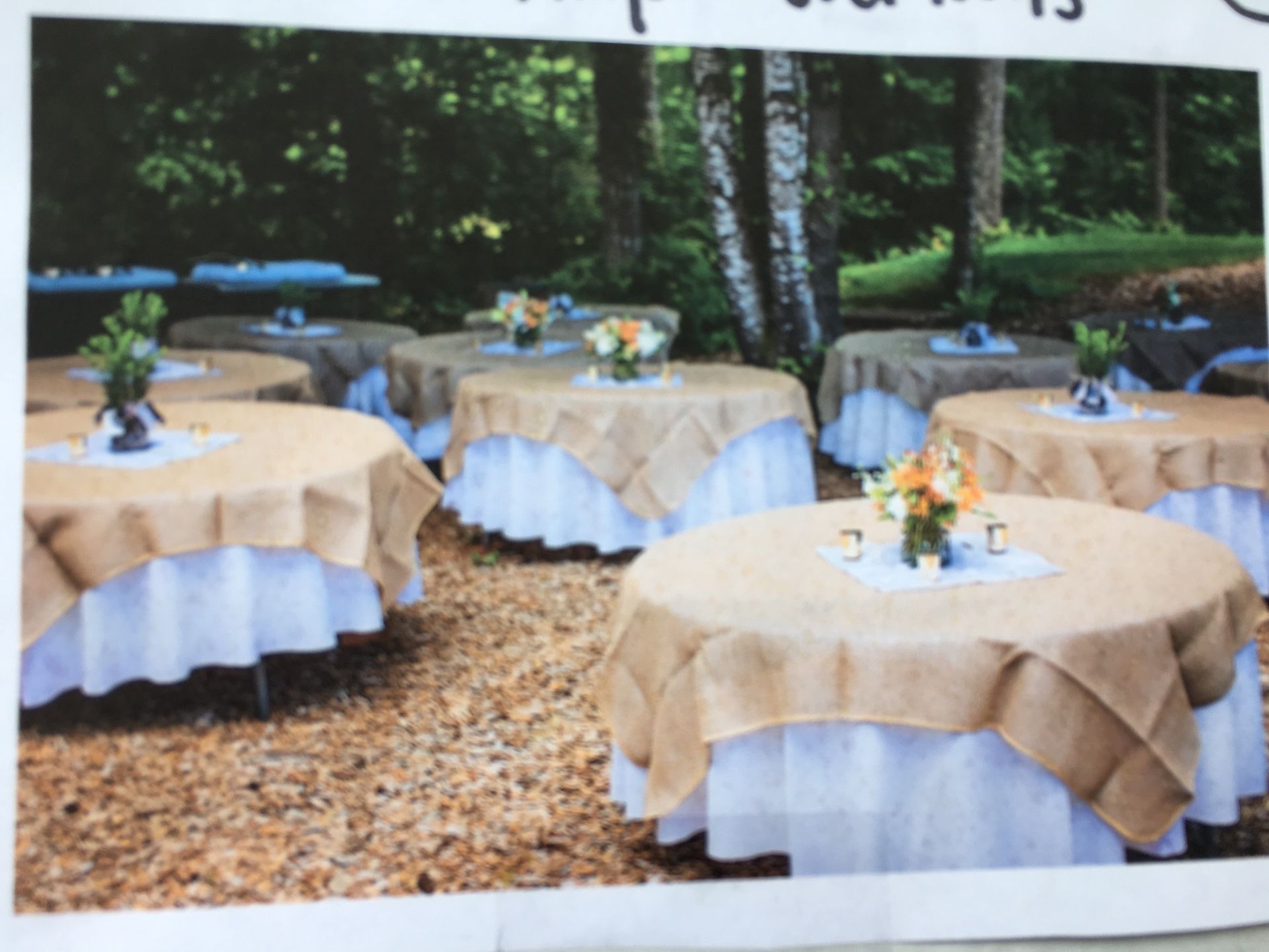 72 X 72 Burlap Overlays. Qty 12 table cloth