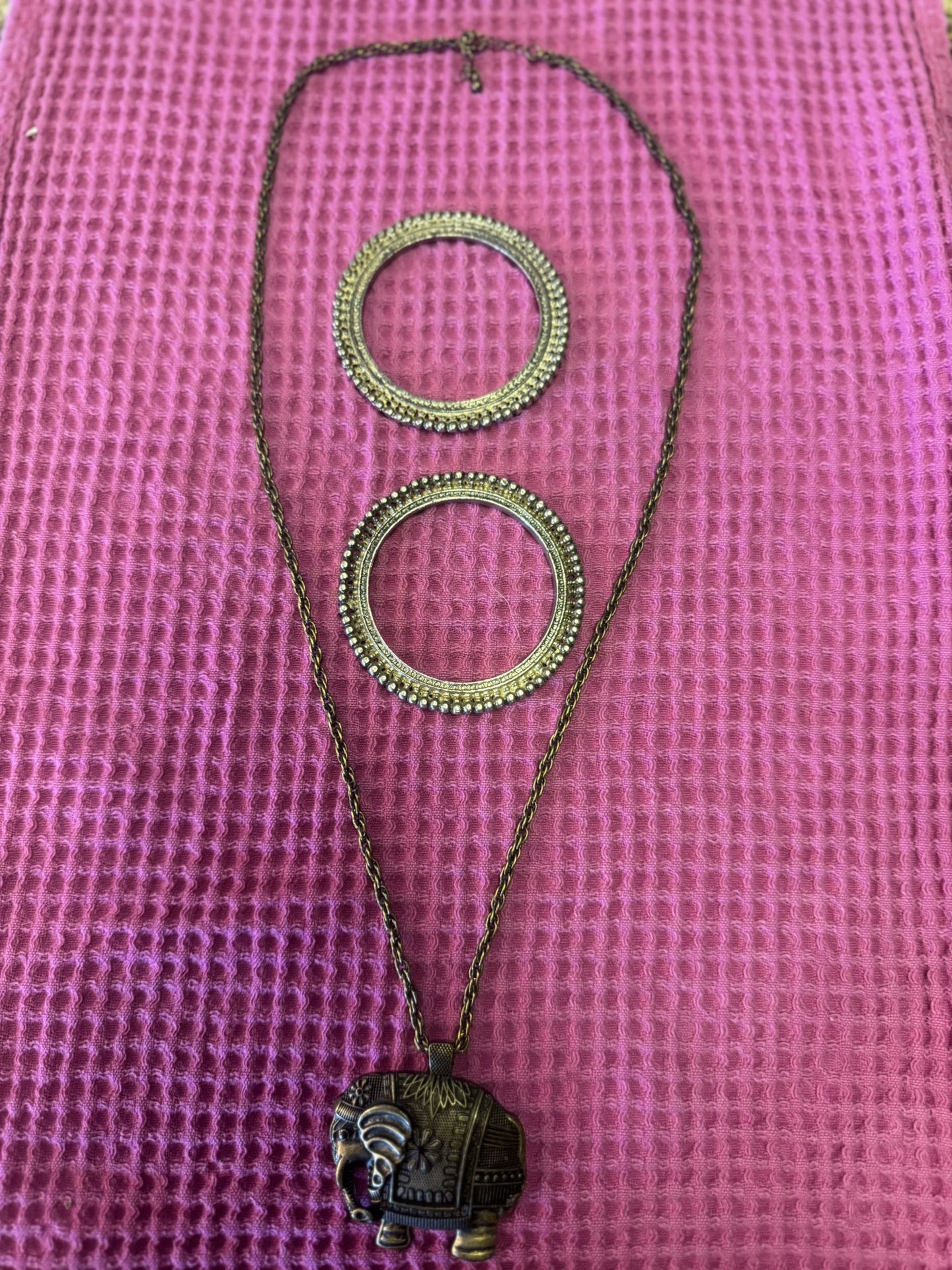 Vintage Heavy Brass Tone Elephant Pendant Necklace & 2 Bracelets